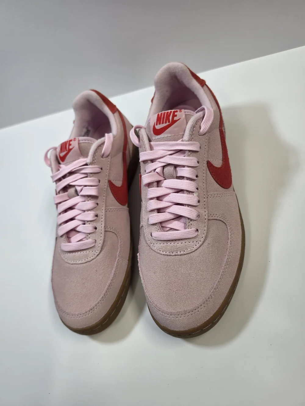Nike Women's Pink Suede Sneakers Gum Sole Red Swoosh Size 9 New